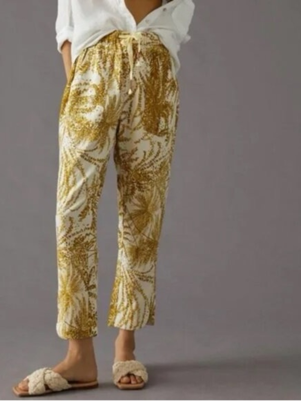 Anthropologie Pilcro Women's Drawstring Linen Blend Pants - Yellow Floral